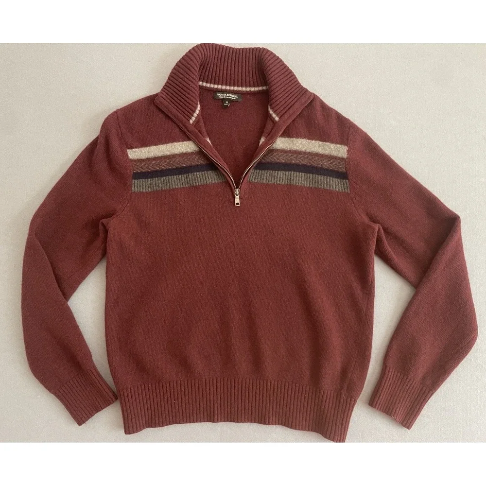 Banana Republic Men M Wool Sweater 1/4 Zip Burgundy Stripe Italian Yarn Mock Lux